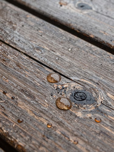 Macro shot of weathered distressed wood grain under rain droplets, natural overcast daylight, rich wet texture, 35mm
