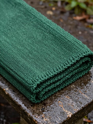 Close-up of a knitted outdoor blanket folded on a damp stone bench, overcast post-rain sheen, rich forest green fibers, sharp texture detail, 35mm