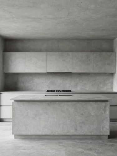 Architectural interior photography, crisp natural daylight, cool desaturated tones, wide-angle lens, symmetrical composition, sharp focus, minimalist kitchen with clean concrete surfaces and natural side lighting