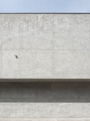 Architectural photography of a modern minimalist concrete building facade, crisp natural daylight, cool desaturated tones, wide-angle lens, symmetrical composition, sharp focus
