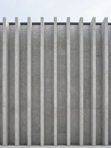 Symmetrical architectural photography of a minimalist concrete building facade under cool overcast daylight, sharp vertical lines, clean perspective, sharp focus.
