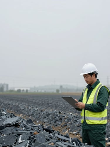 Professional environmental engineer in high-visibility gear conducting field assessments, cool overcast daylight, desaturated slate and deep green tones, high detail