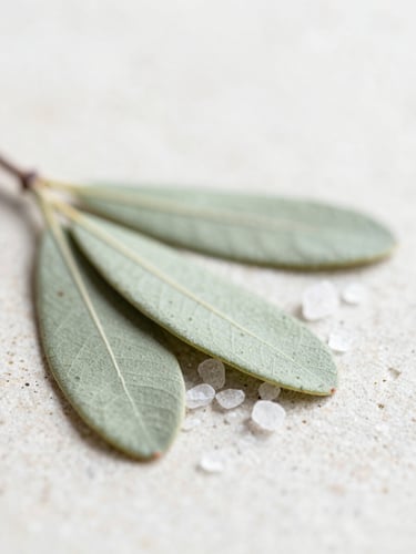 bright editorial photography, soft diffused daylight, macro lens extreme close-up of raw botanical leaves and salts on light stone, serene