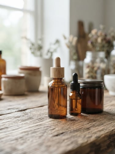 bright editorial photography, soft diffused daylight, clean product bottles resting on natural wood in a bright workshop, muted sage and earth tones, serene