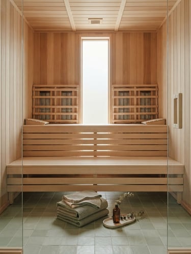 Wide symmetrical shot of a serene, empty infrared sauna interior, soft diffused natural daylight, light wood textures, minimalist apothecary aesthetic