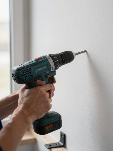 Close-up of a technician's hands holding a power drill against a white wall, drill bit precisely aligned with a pencil mark, natural window light from the left, concrete dust visible mid-air, shelf bracket resting nearby on the floor