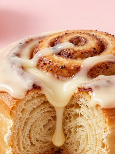 Extreme macro close-up of a warm cinnamon roll being pulled apart, showing the soft, steaming layers of dough and glossy vanilla cream frosting dripping down the sides, bright natural daylight, pastel pink background