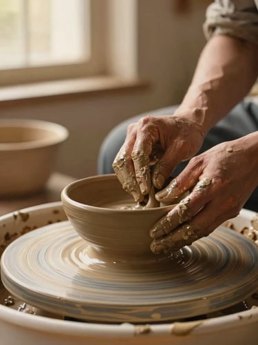 A close-up of a potter's hands covered in wet clay, carefully shaping the rim of a rustic bowl on a spinning wooden wheel, warm studio light.