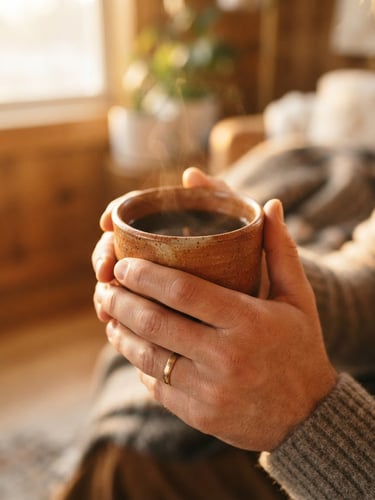 A warm close-up of hands cradling a terracotta mug filled with hot coffee, soft golden-hour window light, shallow depth of field, 35mm