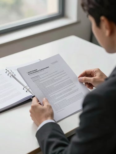 Over-the-shoulder view of a tax advisor at a wide desk reviewing printed regulatory documents under soft north-facing window light, a second open binder visible to the left, hands resting on annotated pages, quiet and focused atmosphere