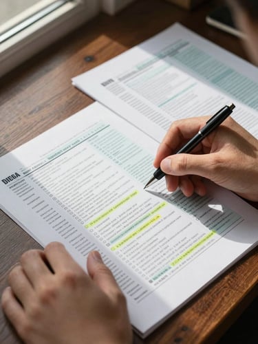 Close-up overhead view of hands reviewing printed tax code pages spread across a dark oak desk, a fine-tipped pen resting beside highlighted paragraphs, soft north-facing daylight from a window to the left casting even shadows across the document surface
