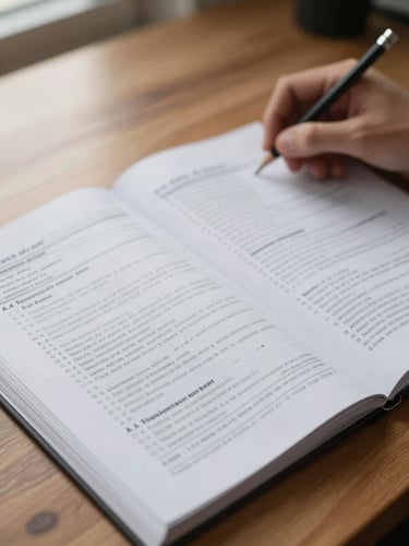 Close-up of printed tax code pages spread open on a wooden desk, a hand resting on the margin with a pencil, soft north-facing daylight entering from the left, selective focus on the annotated text