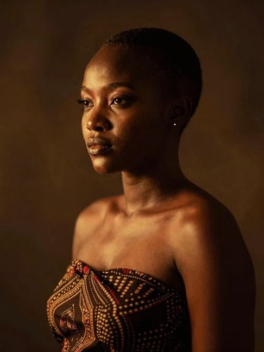 Cinematic low-light studio portrait of Suzy Nzambi, with dramatic side-lighting and warm golden tones, a thoughtful expression, embodying grace and cultural depth, 35mm.