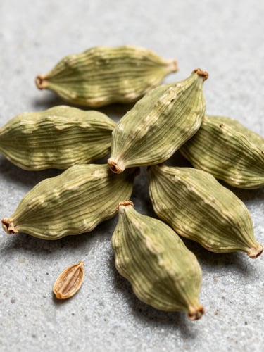 Macro overhead shot of pristine, whole green cardamom pods and cumin seeds arranged on a clean, light grey stone industrial surface, crisp bright daylight, sharp focus on grain textures.