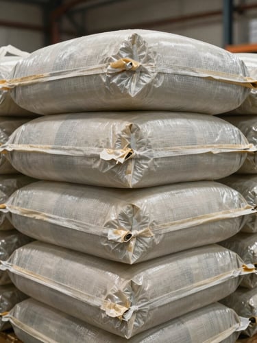 Macro close-up of industrial woven polypropylene jumbo bags stacked in a clean, dry, climate-controlled shipping warehouse, soft overhead lighting.
