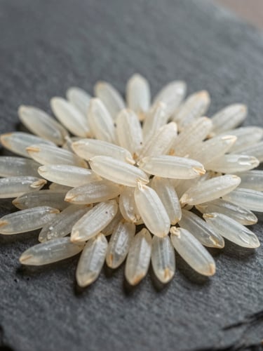 A crisp macro photograph of raw, unpolished 1121 Basmati rice grains aligned perfectly on a sterile dark slate surface, bright natural daylight highlighting the uniform grain length and translucent texture.