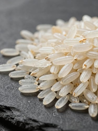 Macro shot of raw, unpolished long-grain Basmati rice on a dark slate industrial surface, sharp side lighting, high contrast, emphasizing grain length and purity.