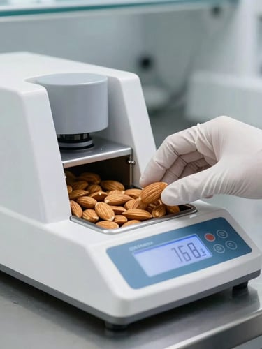 A clean laboratory setting with a stainless steel surface, featuring a white-gloved hand placing raw almonds into a high-precision digital moisture analyzer under bright, sterile white light.