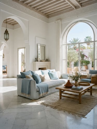 bright airy interior photography of a modern Medina home living room, soft blue cushions, natural window daylight pouring onto polished marble floor, 35mm lens