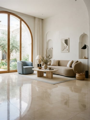 bright airy home interior in Medina, warm natural window daylight reflecting on pristine polished marble tiles, elegant minimalist furniture, soft blue and sand tones, high-end residential, 35mm lens