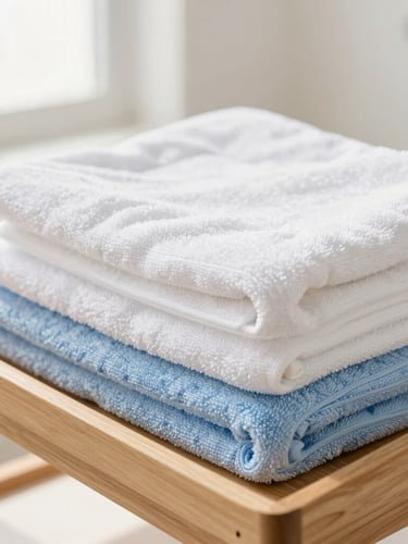 close-up of pristine home detail, neatly folded white and soft blue towels on a clean wooden tray, warm sunlit background, 35mm lens