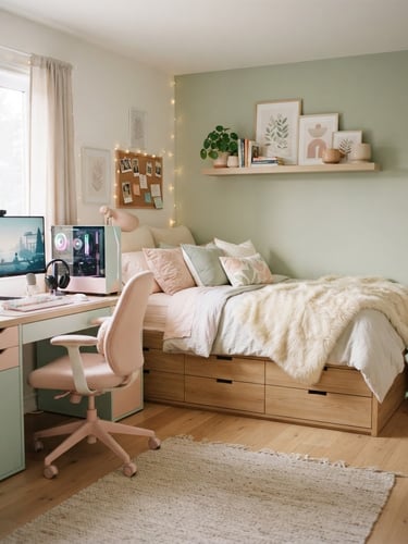 Wide shot of a stylish teen bedroom with a pastel wood gaming desk and a storage drawer full bed, soft diffused morning daylight, books and small plants on a floating shelf, cozy faux fur throw, clean low-profile lines, shallow depth of field, 35mm