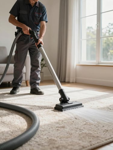 Wide shot from the left, carpet cleaning technician operating a large extraction hose on a residential carpet in a bright living room, natural daylight streaming through a window on the right, equipment hoses visible in foreground, water extraction in active progress
