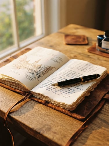 A beautifully styled physical leather journal open on a wooden desk, warm golden-hour window light reflecting on the pages, elegant fountain pen resting nearby