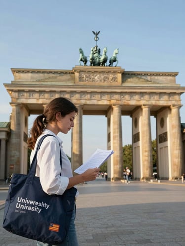 Brandenburg Gate in Berlin at golden mid-morning, a young woman with a university tote bag reading a document in the left foreground, gate centered behind her