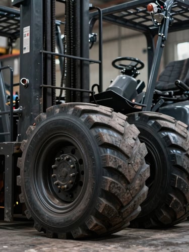 Pengambilan gambar sudut rendah dari ban forklift solid hitam pekat berukuran besar di dalam gudang penyimpanan Jakarta Barat, pencahayaan industri yang tajam menyoroti kedalaman tapak ban.