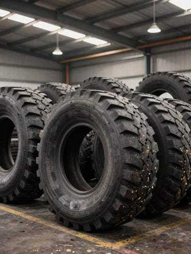 Wide panoramic shot of a heavy-duty warehouse interior in West Jakarta, stacked with giant radial and bias construction tires, raw industrial lighting.