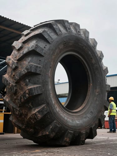 Low-angle shot of a massive 49-inch OTR mining tire standing next to a warehouse worker in Jakarta, overcast industrial lighting, high contrast.