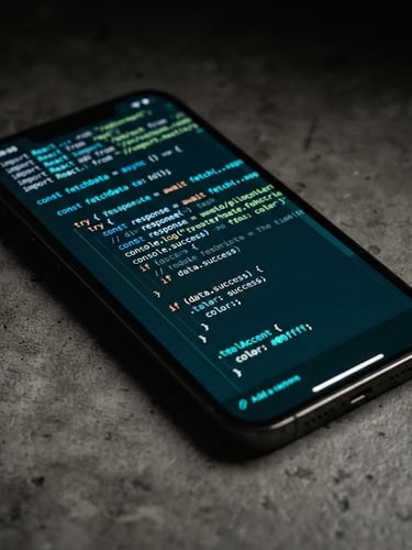 Macro close-up of a physical iPhone resting on a dark concrete desk, displaying a code editor with glowing neon teal syntax highlighting, low-key studio lighting, 35mm lens