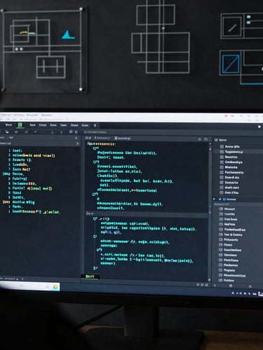 Over-the-shoulder developer perspective of a clean code editor with neon teal syntax highlighting on a dark monitor, physical glass board with wireframes in the background.