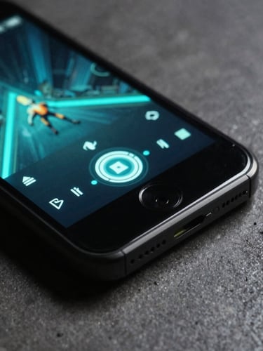 Macro close-up of a physical mobile device resting on a dark concrete desk, displaying a high-performance game UI with sharp neon teal ambient glow, 35mm lens.