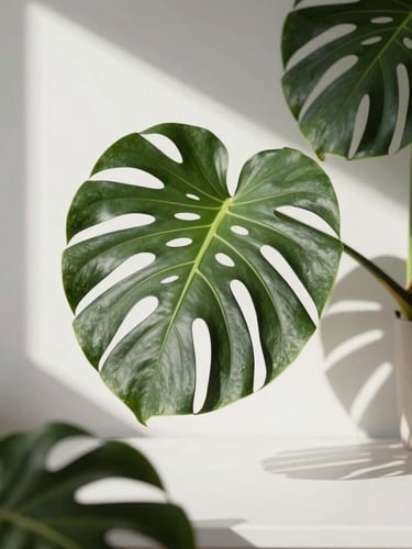 Elegant editorial photography of tropical monstera leaves casting sharp organic shadows on a clean, sunlit minimalist workspace, 35mm