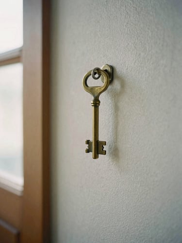 Close-up of a vintage brass key hanging on a textured plaster wall next to a wooden door frame, soft window light, realistic interior