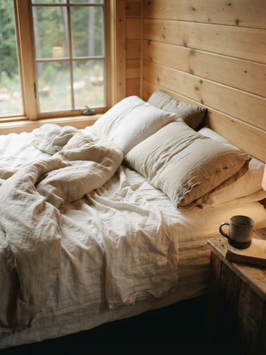 Close-up of a slightly unmade linen bed in a modern cabin, morning light streaming through a window, 35mm film grain style