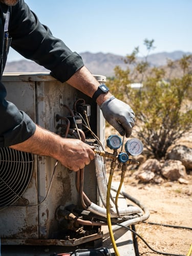 Close-up of a skilled technician's hands diagnosing an outdoor AC condenser unit, bright midday desert sunlight, cool blue and metallic tones, sharp focus, 35mm lens, desert landscape in soft background