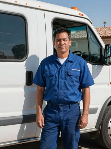 Honest portrait of a local AC technician, mid-30s, wearing clean work uniform, standing confidently beside a service truck in a sunny Tempe residential driveway, bright midday desert sunlight, cool blue tones, sharp focus, 35mm lens
