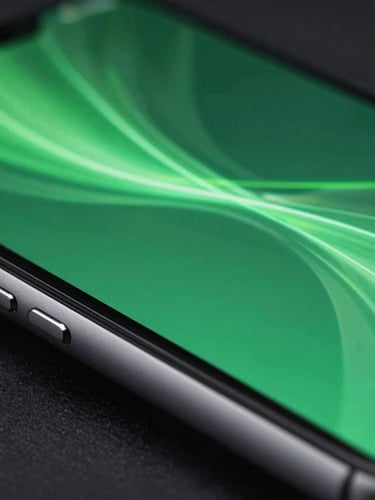 Extreme macro close-up of a high-end Android flagship device edge, displaying fluid neon green motion paths on screen, dark moody studio lighting, Dutch angle