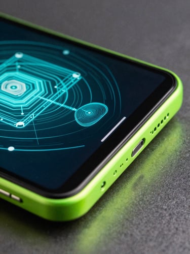 Macro portrait shot of a high-end Android flagship device edge, neon-green and cyber-cyan light reflecting off the glass screen, displaying a complex 3D wireframe interface.