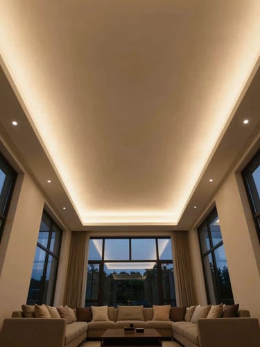 Wide-angle architectural interior photography of a modern living room ceiling with glowing warm LED cove lights, cool ambient twilight filtering through windows, symmetrical composition, sharp focus.