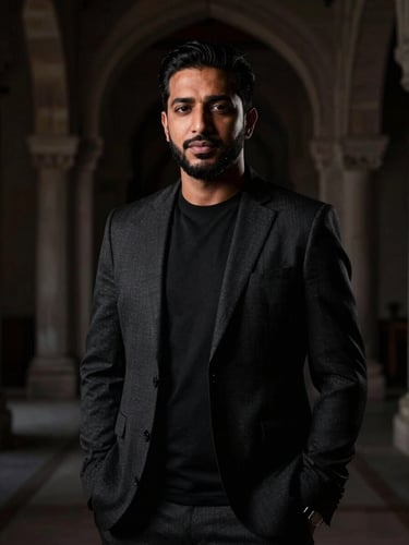 Low-key chiaroscuro portrait of creative strategist Abdul Wahab Mir in a dark architectural studio, single dramatic key light, high contrast, deep shadows, luxury editorial style.