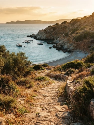 Medium-wide environmental shot of a sun-drenched stone path winding down to a quiet Mediterranean bay, warm golden hour side-lighting, soft natural shadows, 35mm film look.