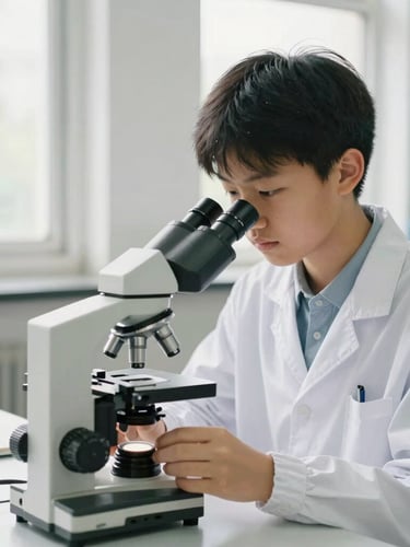 A bright science laboratory where a high school student in a white coat adjusts a microscope, natural light from a side window, focused expression, bright editorial style.