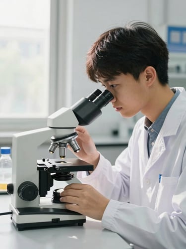 A focused student in a modern science lab adjusting a microscope, bright natural daylight streaming through windows, professional 35mm.