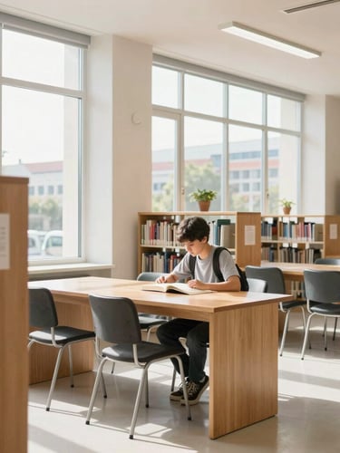Bright editorial photography of a modern school library with natural daylight streaming through large windows, a student reading a book at a wooden table in Istanbul