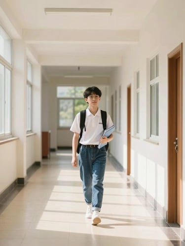 Bright editorial photography of a modern school hallway with natural daylight streaming through windows, a student walking with a notebook, professional 35mm