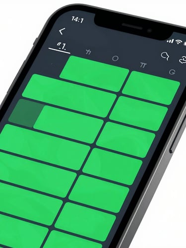 Close-up of a smartphone screen showing a real-time calendar filling up with green reservation blocks, clean dark UI, sharp focus, high contrast studio lighting